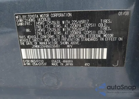 2008 Toyota Rav4 Base V6 из США, поврежденный, VIN JTMBK33V486038481